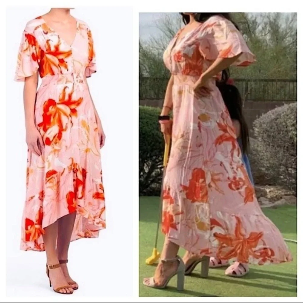 Pink Floral Lily Print High Low Maxi Dress Short Flutter Sleeve‎ Smocked Waist